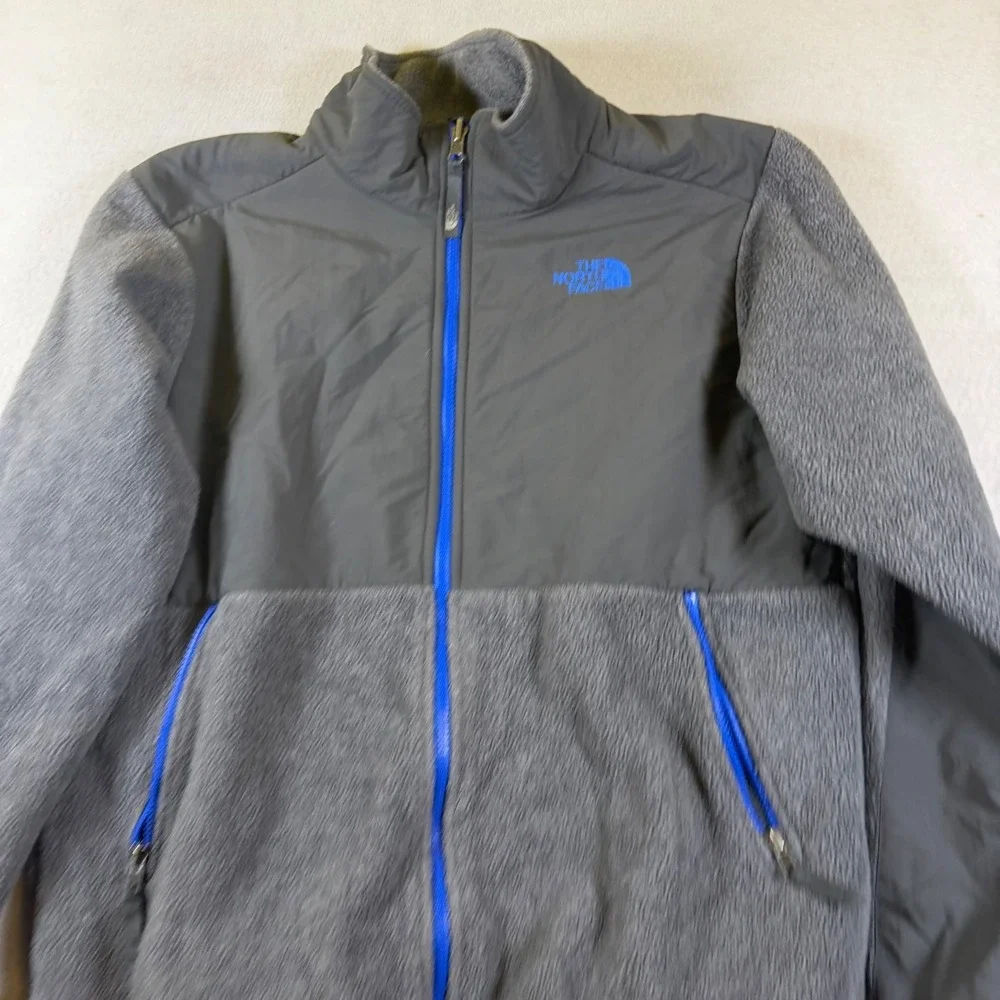 The North Face Boys XL 18/20 Grey Blue Full Zip Fleece Jacket Mixed Media Logo